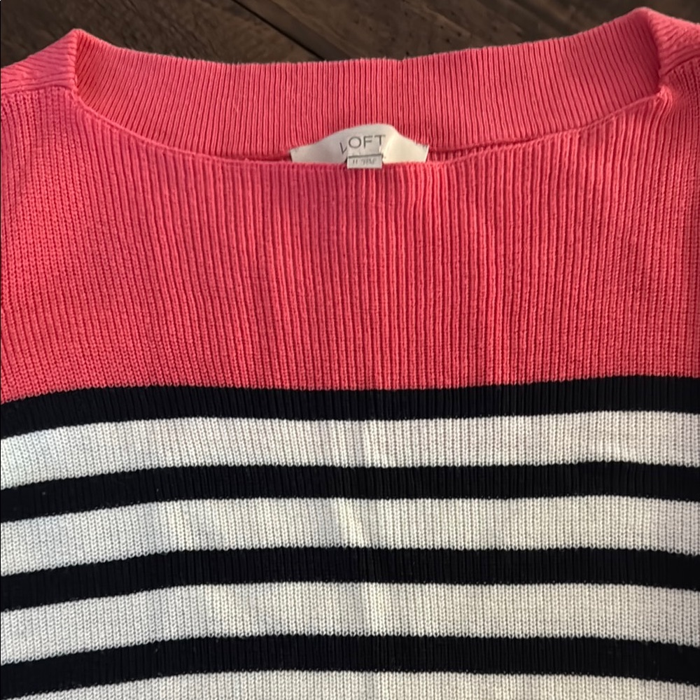 LOFT Pink and Black Crew Neck Sweater with Stripes